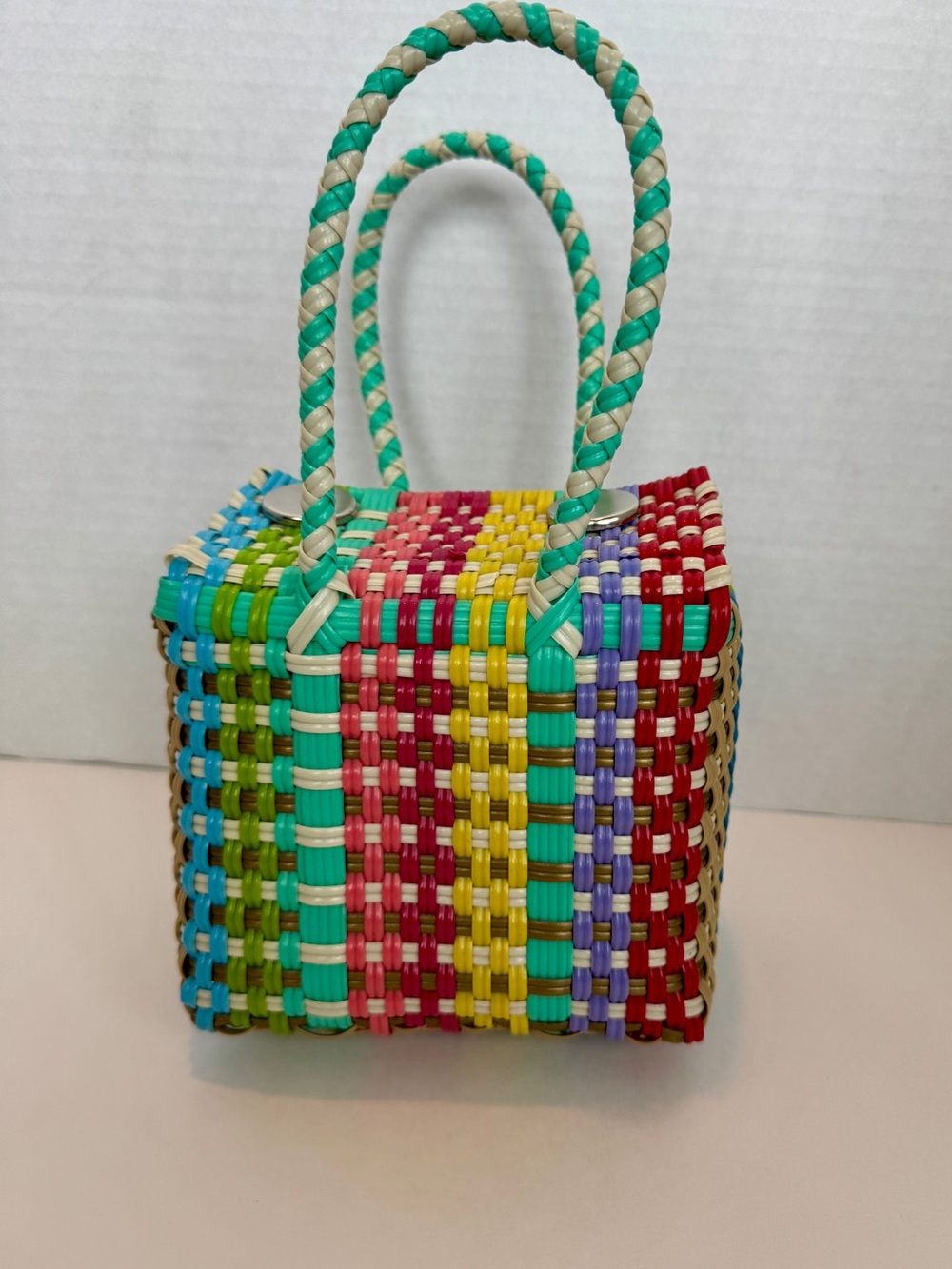 Multicolor Woven Tote Bag - Turquoise, Red, Yellow, Green, Purple